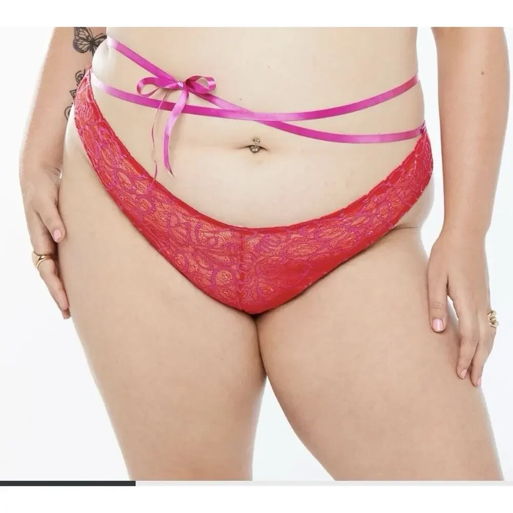 Savage X Fenty Panties Cheeky Panty Red Lace Pink Bows Lace Up Strappy 1X Plus